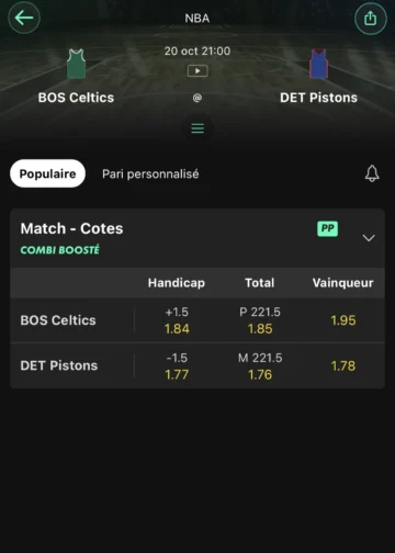 Les cotes Boston-Celtics sur bet365 avec handicap